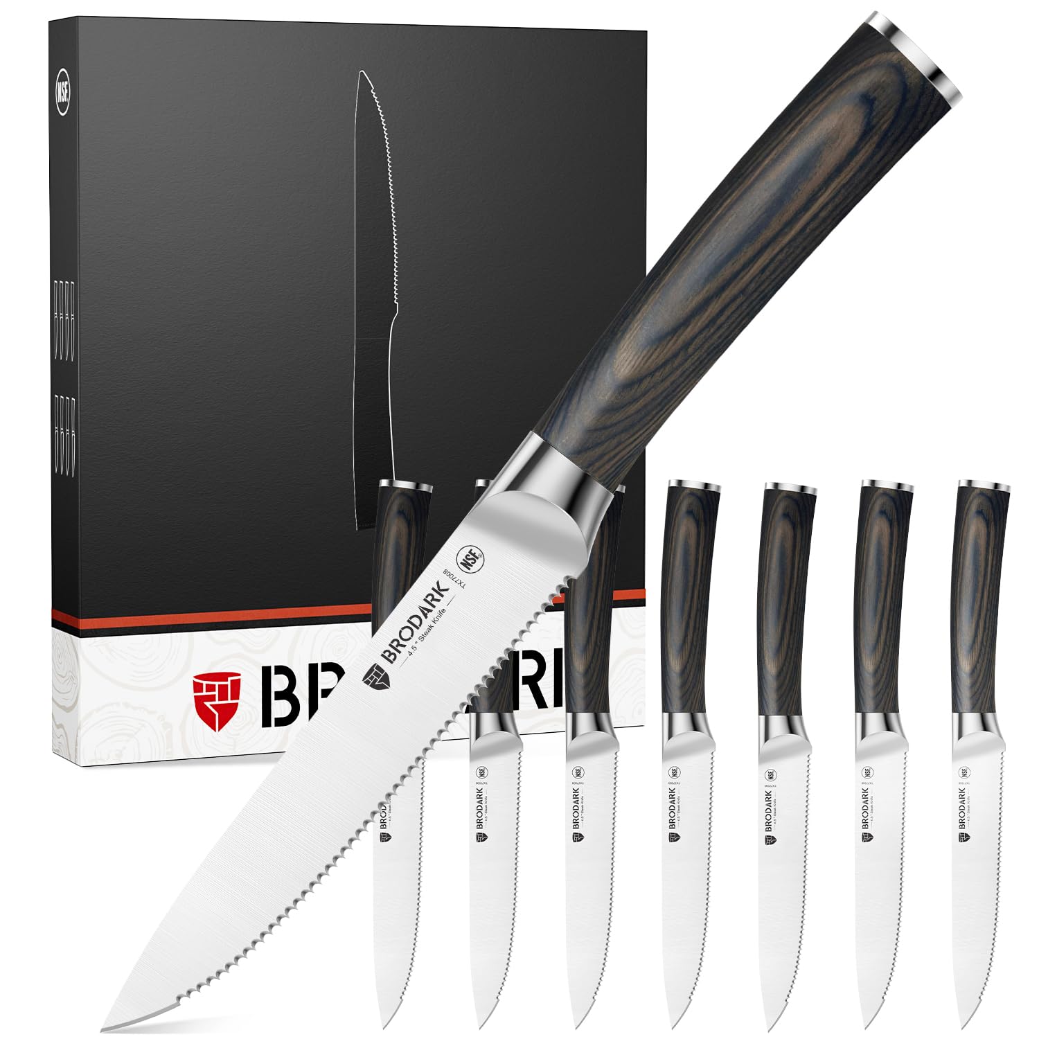 BRODARK set de cuchillos para bistec con mango de madera, listo para mesa y regalo.