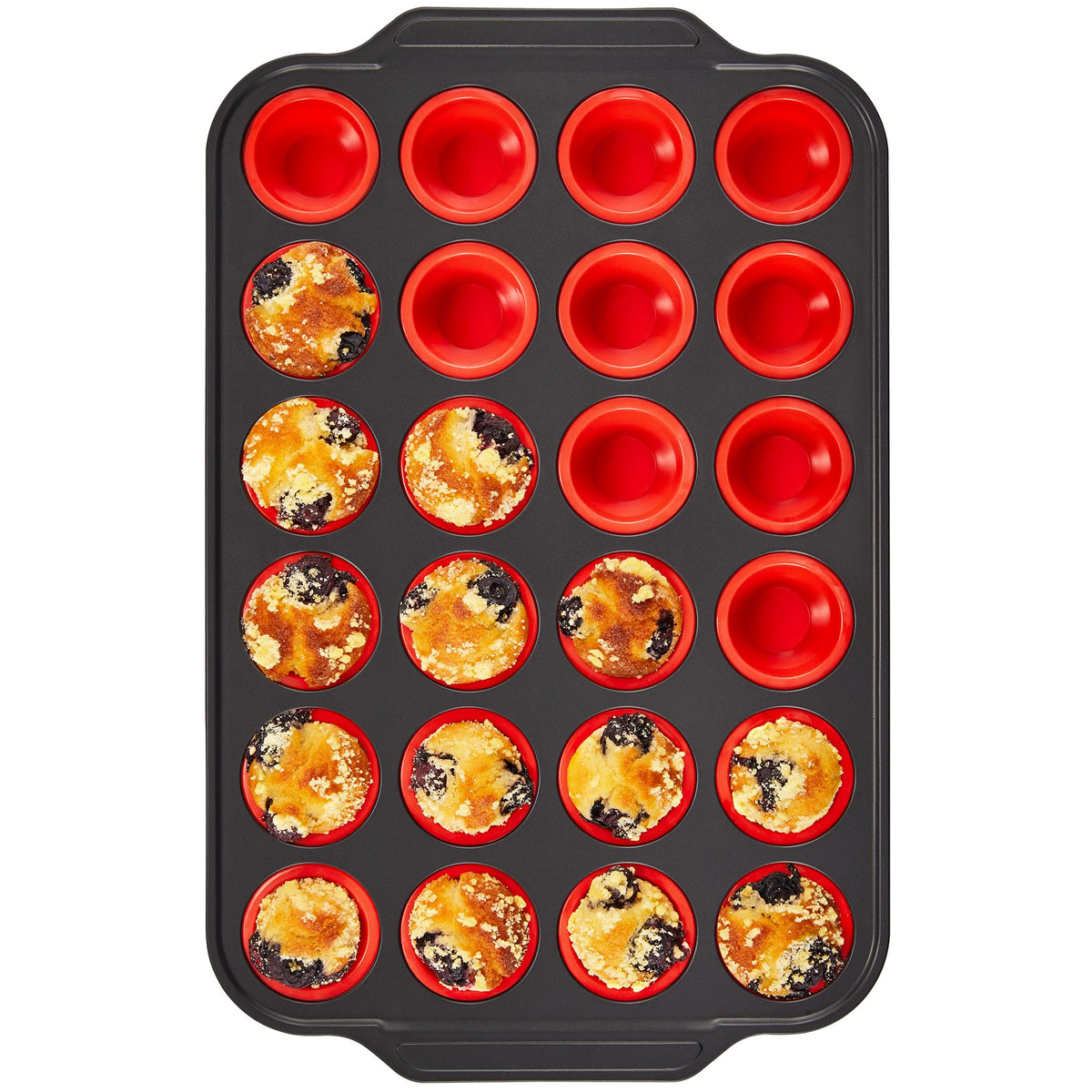 BRONYPRO molde mini muffins silicona con aro metálico rojo para desmoldar fácilmente