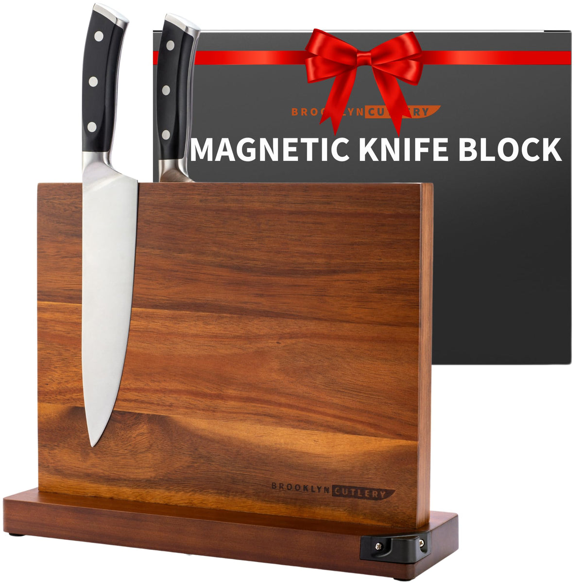 Brooklyn Cutlery bloque magnético para cuchillos de acacia, ahorro de espacio y acceso rápido.