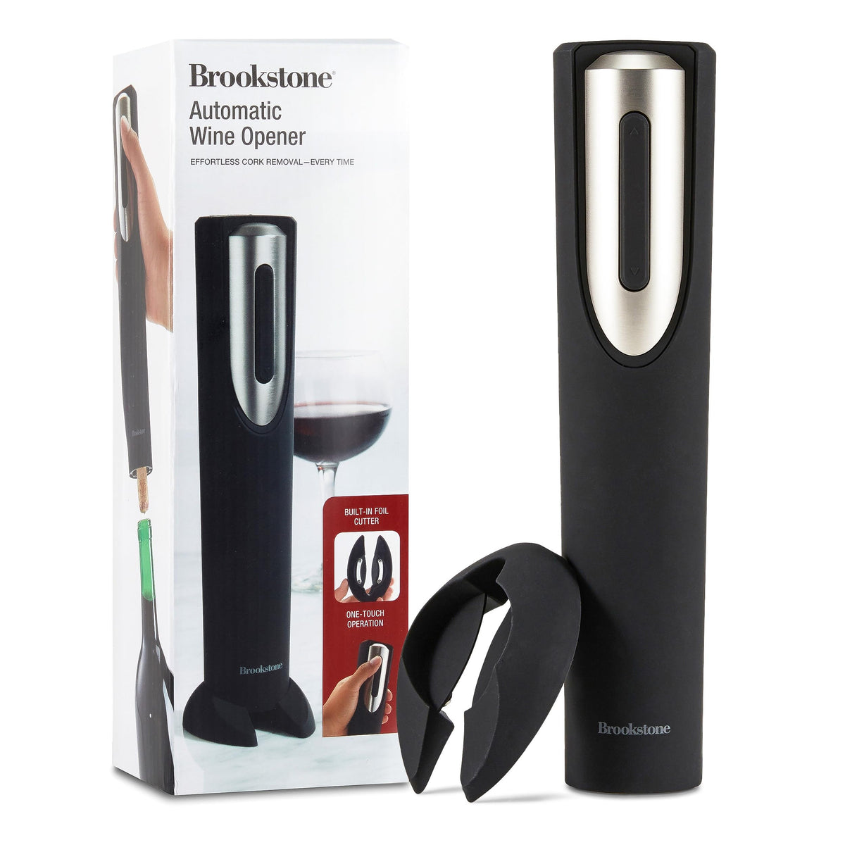 Brookstone abridor electrico de vino en soporte, facilita servir vino sin esfuerzos.