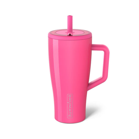 BrüMate Era 30oz con tapa y paja rosa neón, evita derrames en tus viajes.