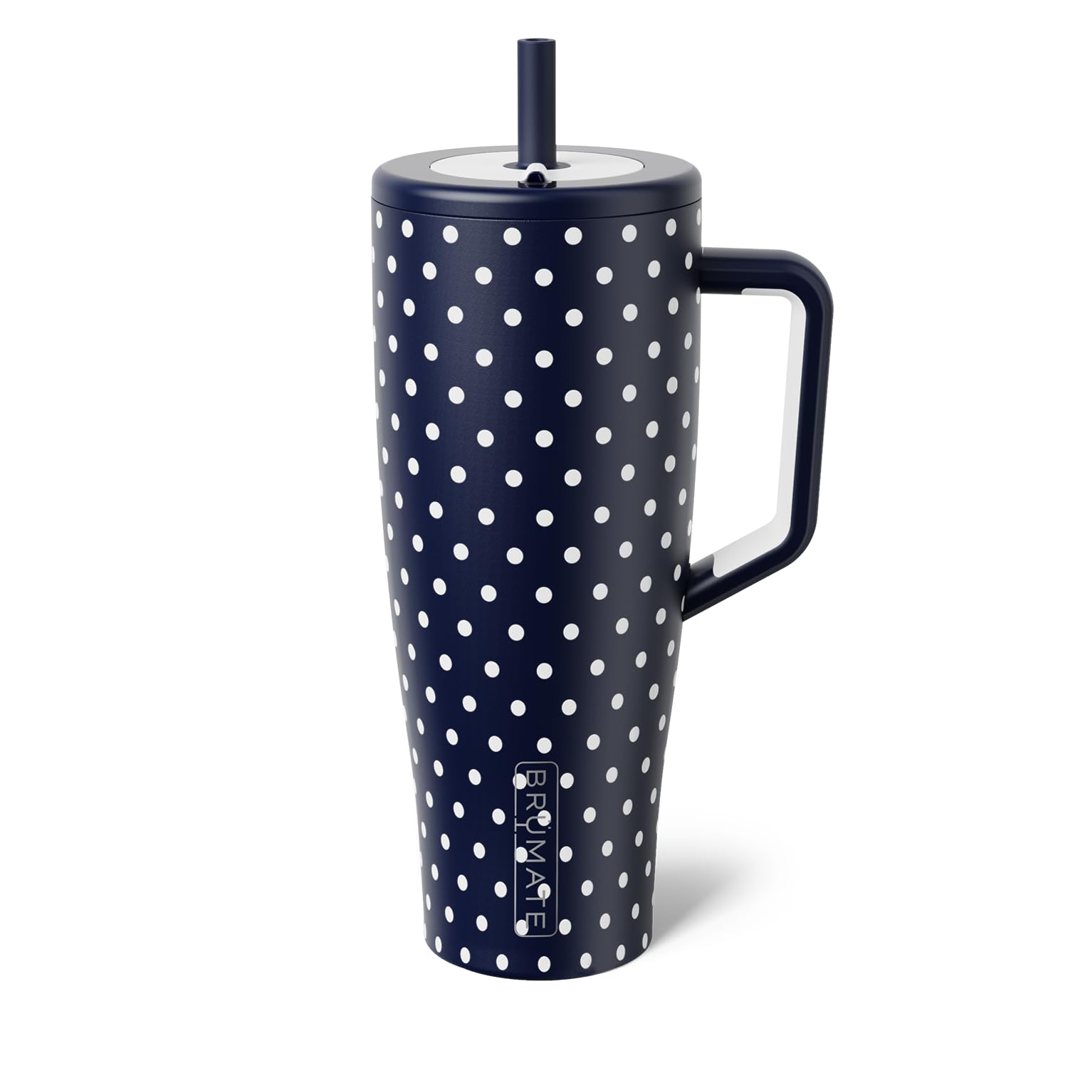 BrüMate Era 40 oz con manija navy y puntos, ideal para llevar sin derrames.