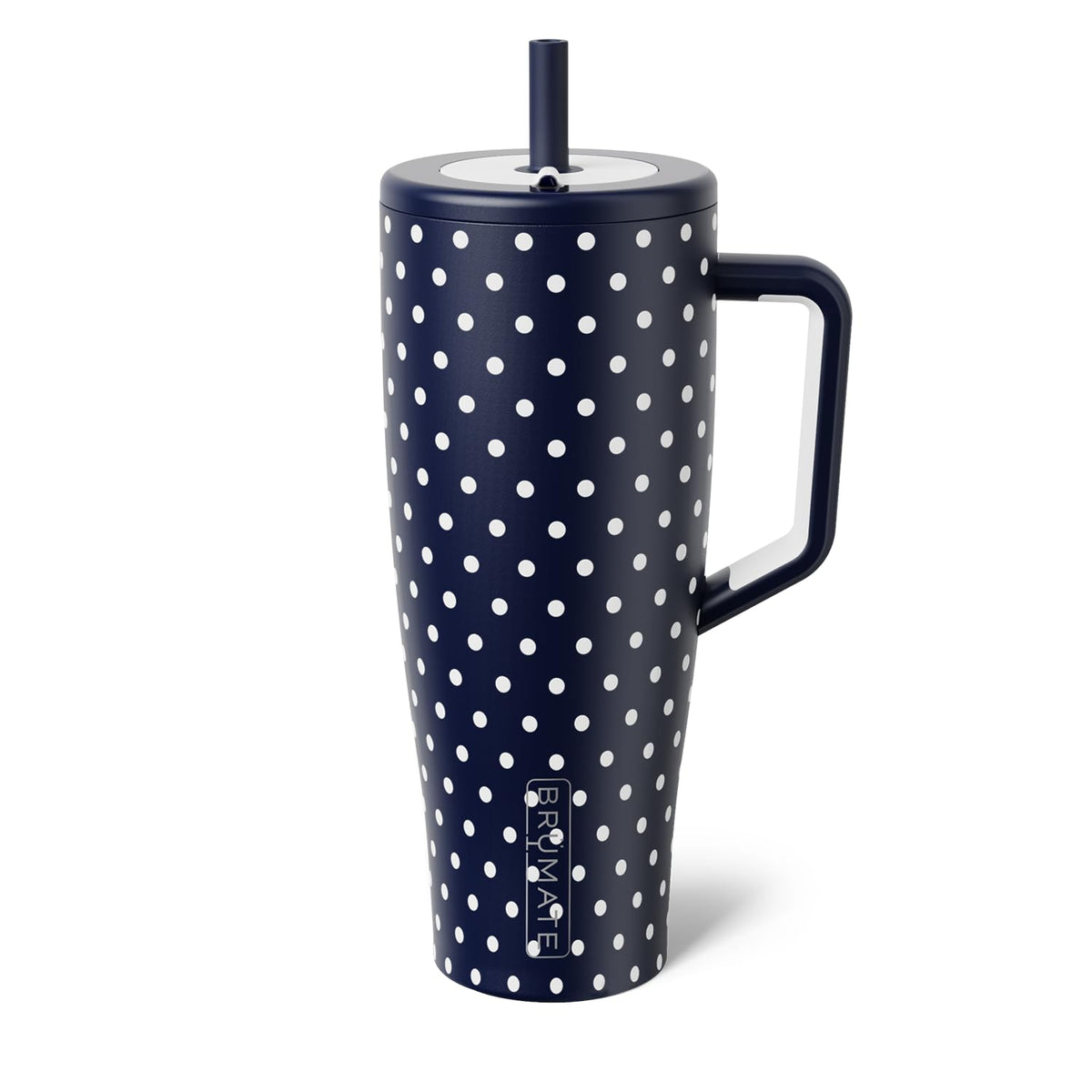 BrüMate Era 40 oz con manija navy y puntos, ideal para llevar sin derrames.