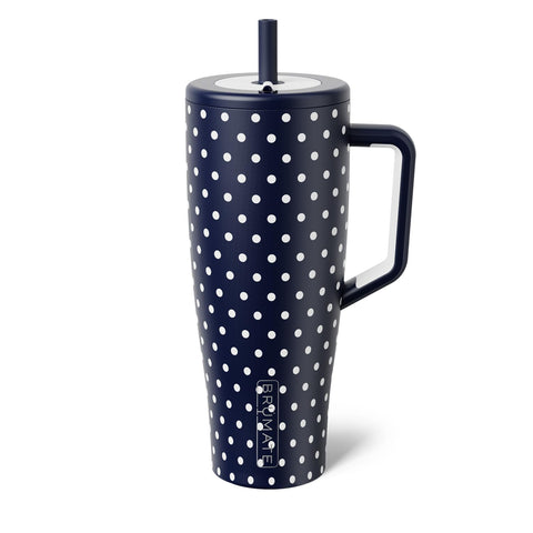 BrüMate Era 40 oz con manija navy y puntos, ideal para llevar sin derrames.