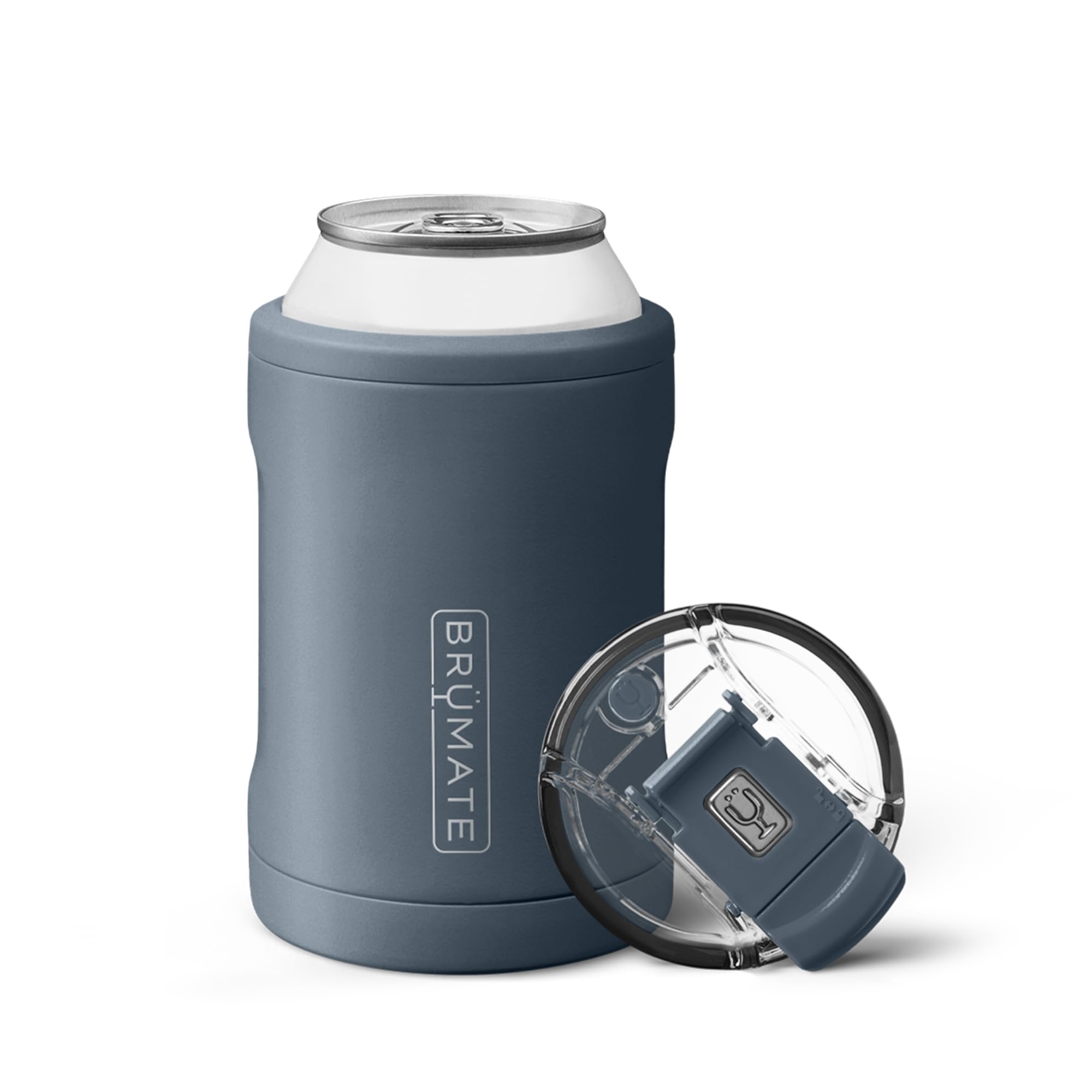 BrüMate Hopsulator Duo enfriando una lata 12 onzas en acabado azul nocturno