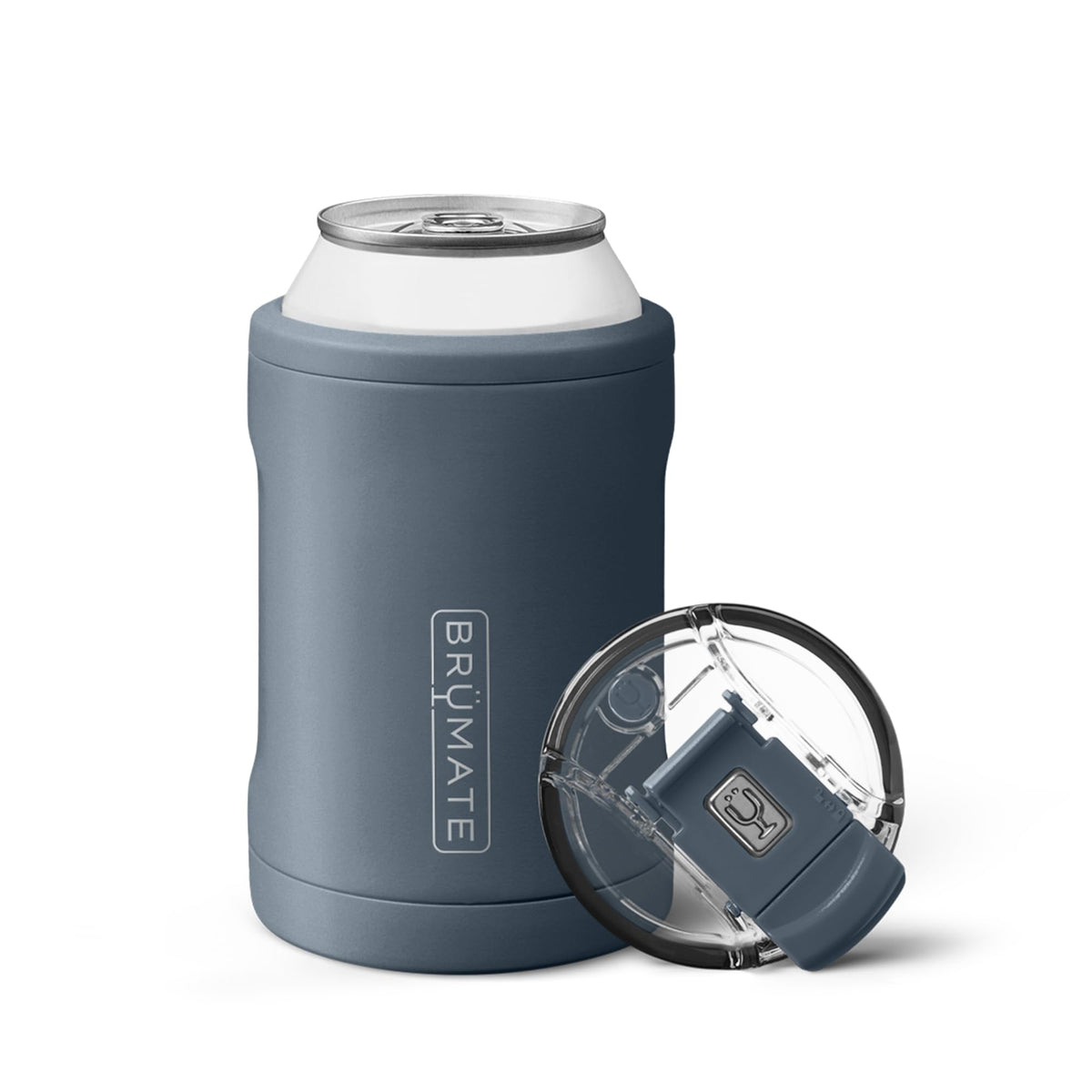 BrüMate Hopsulator Duo enfriando una lata 12 onzas en acabado azul nocturno