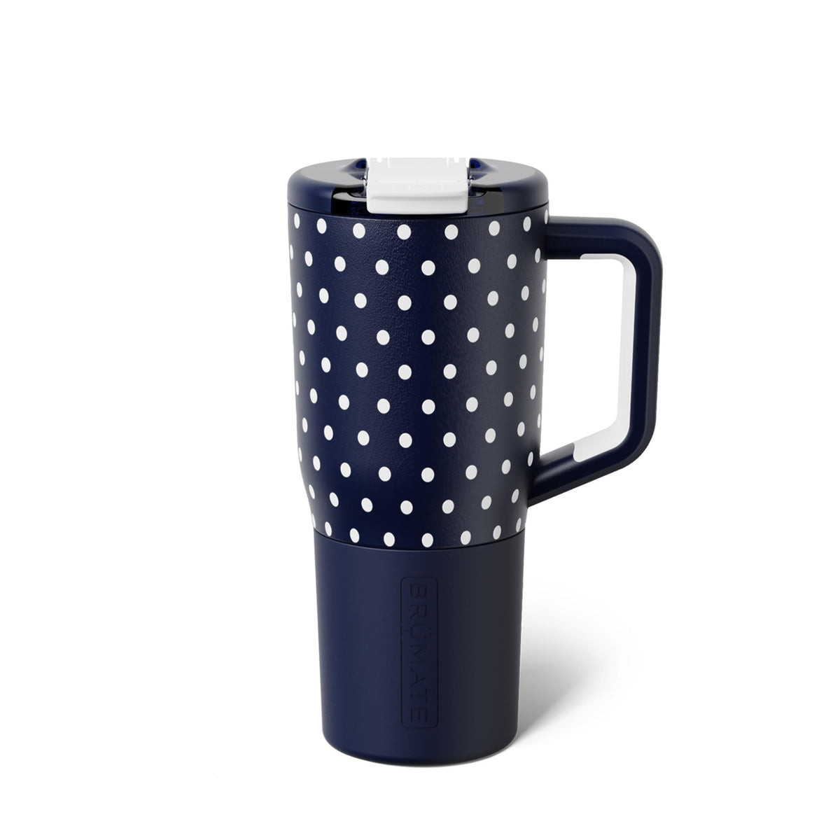 BrüMate Müv 25oz vaso térmico con asa y tapa en azul marino con lunares, ideal para viaje.