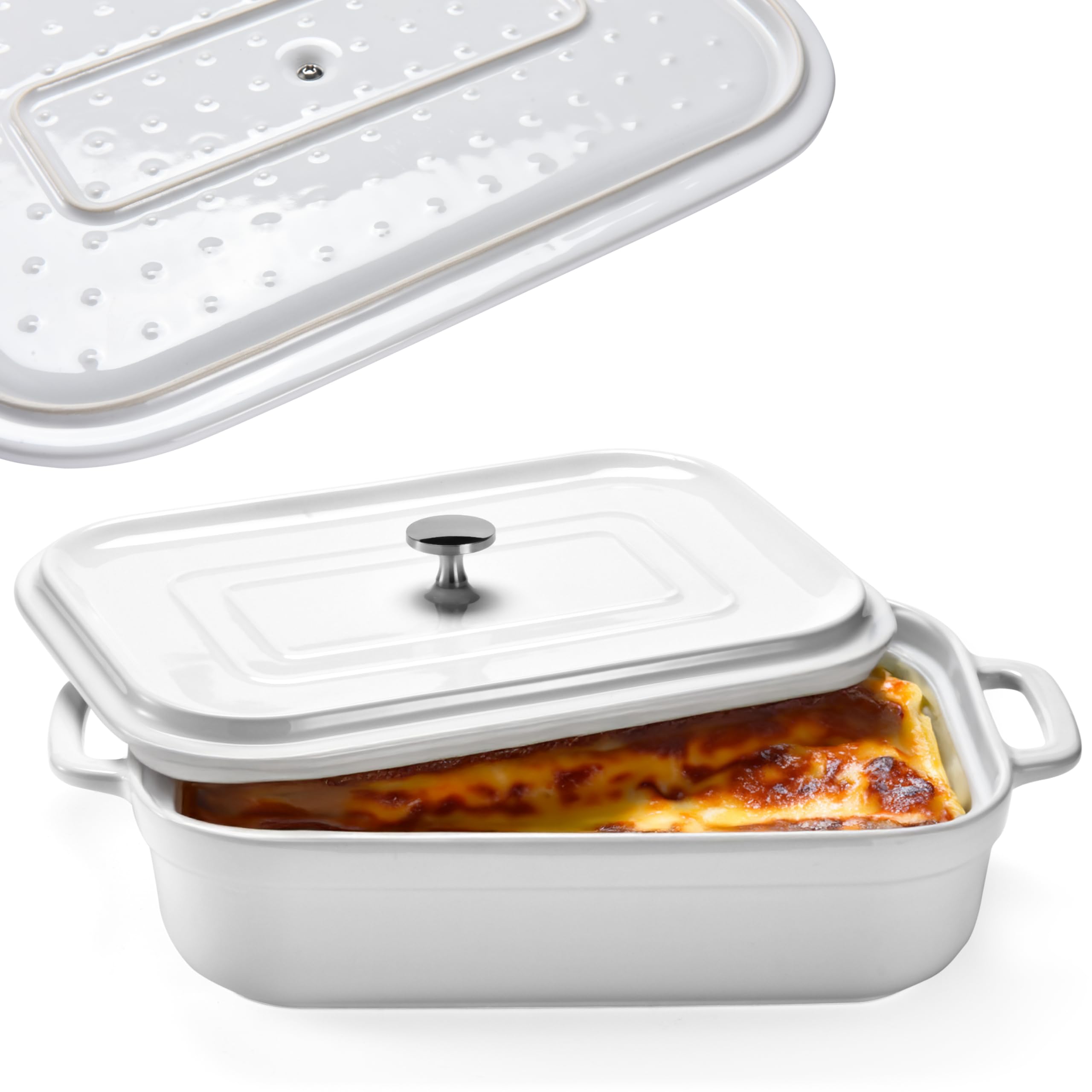 Bruntmor cazuela de loza rectangular con tapa, lista para hornear y servir