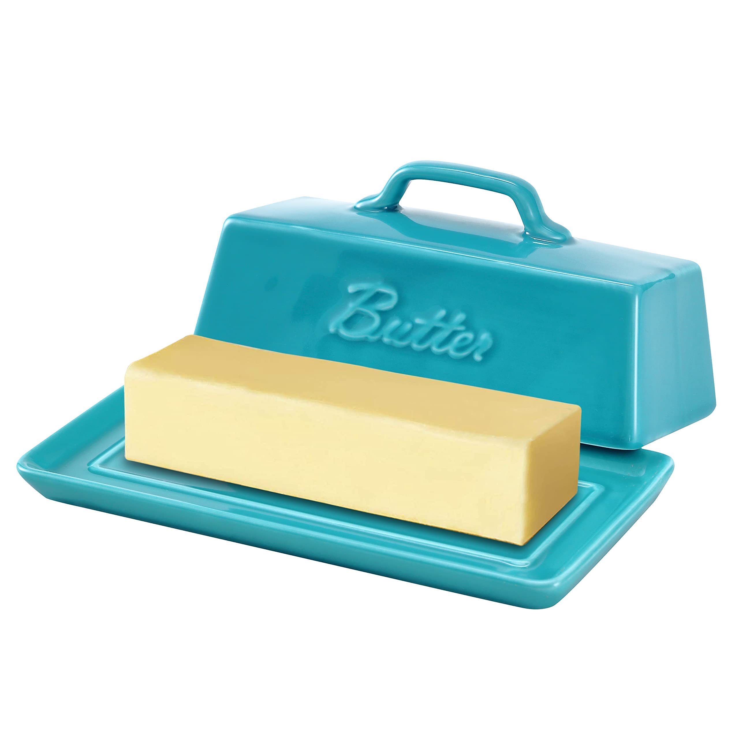 Bruntmor mantequillera de porcelana teal en encimera, diseño práctico.