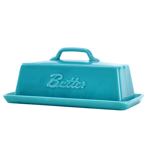 Bruntmor mantequillera de porcelana teal, vista frontal, facilita servir mantequilla.