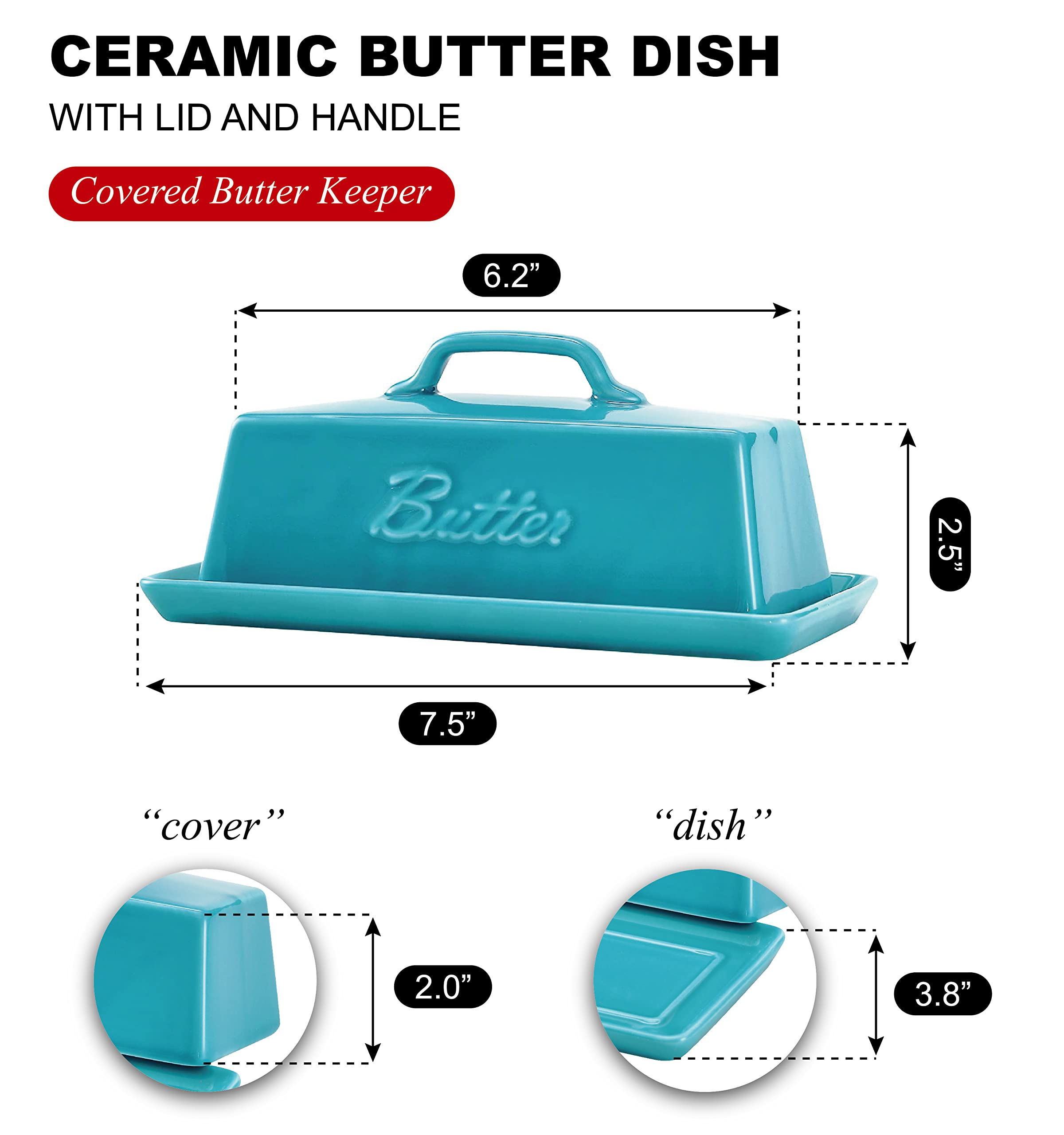 Bruntmor mantequillera de porcelana teal, vista lateral, diseño elegante para mostrador.