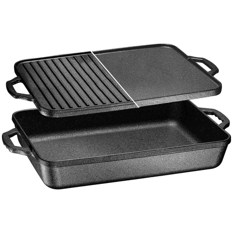 Bruntmor sarten hierro 3-en-1, interior abierto para dorar carne con calor uniforme.