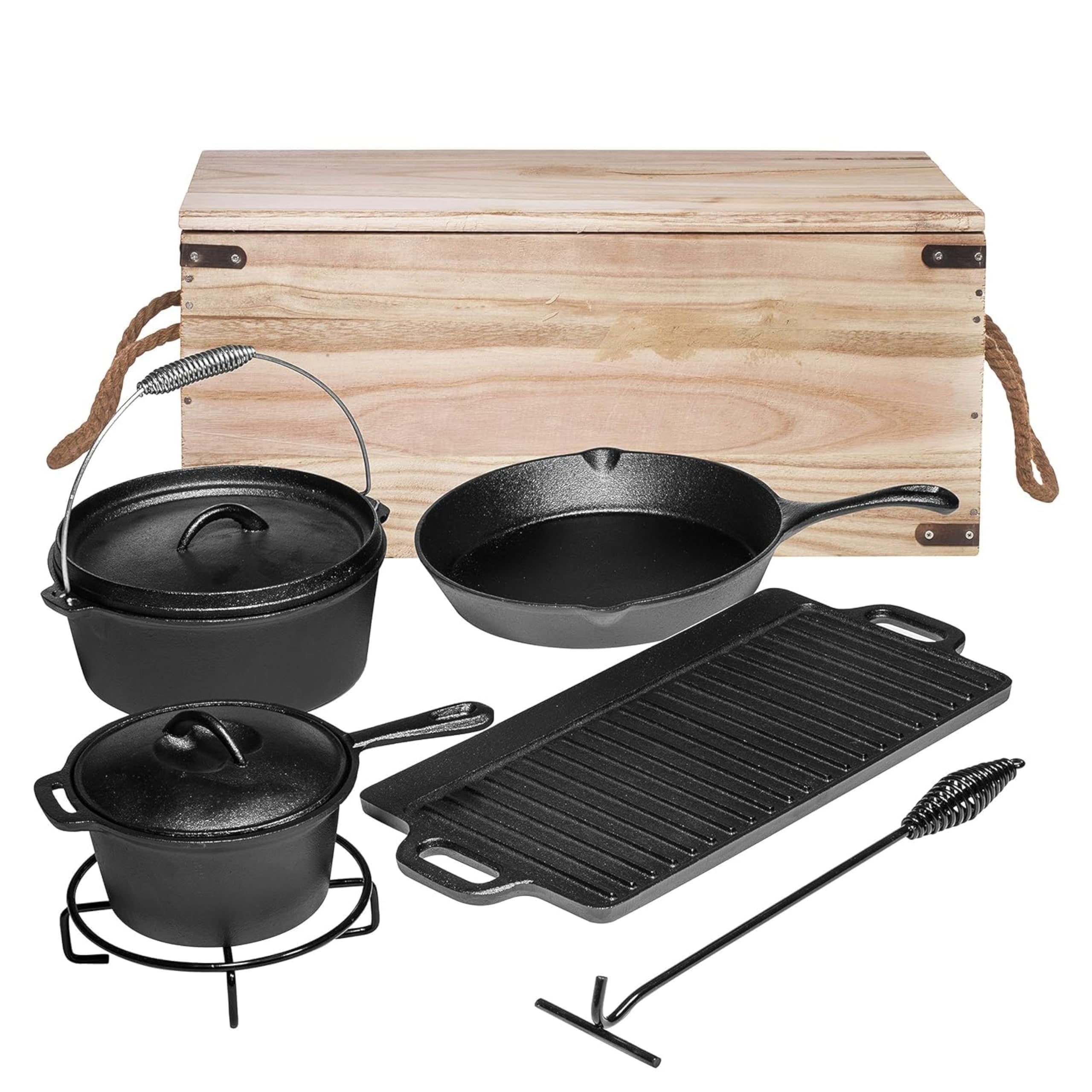Bruntmor set de cocina para acampar en hierro fundido con 7 piezas, listo para usar.