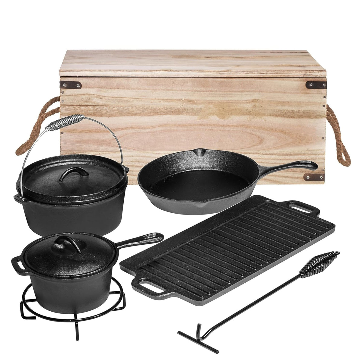 Bruntmor set de cocina para acampar en hierro fundido con 7 piezas, listo para usar.