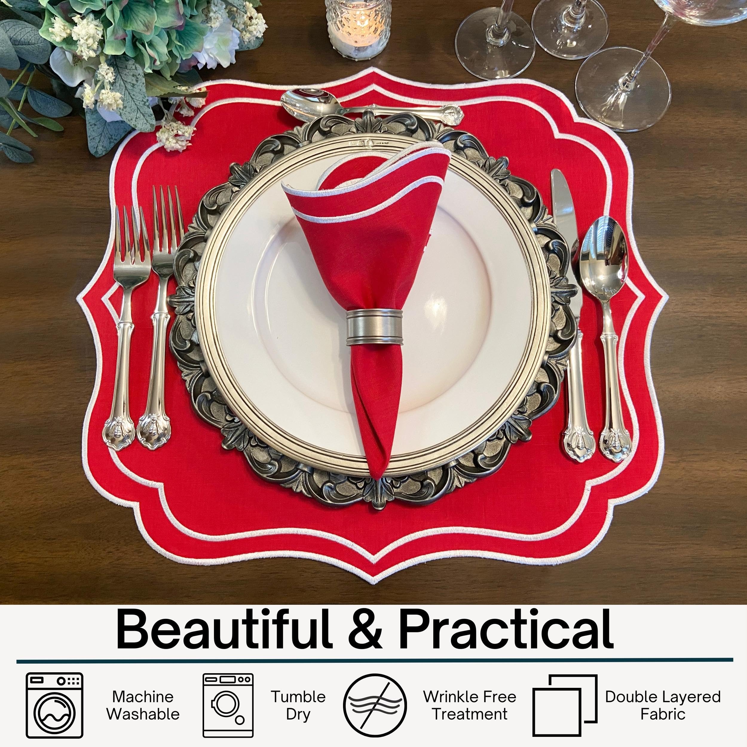 Bryonia placemats con tratamiento antiarrugas para ahorro de planchado.