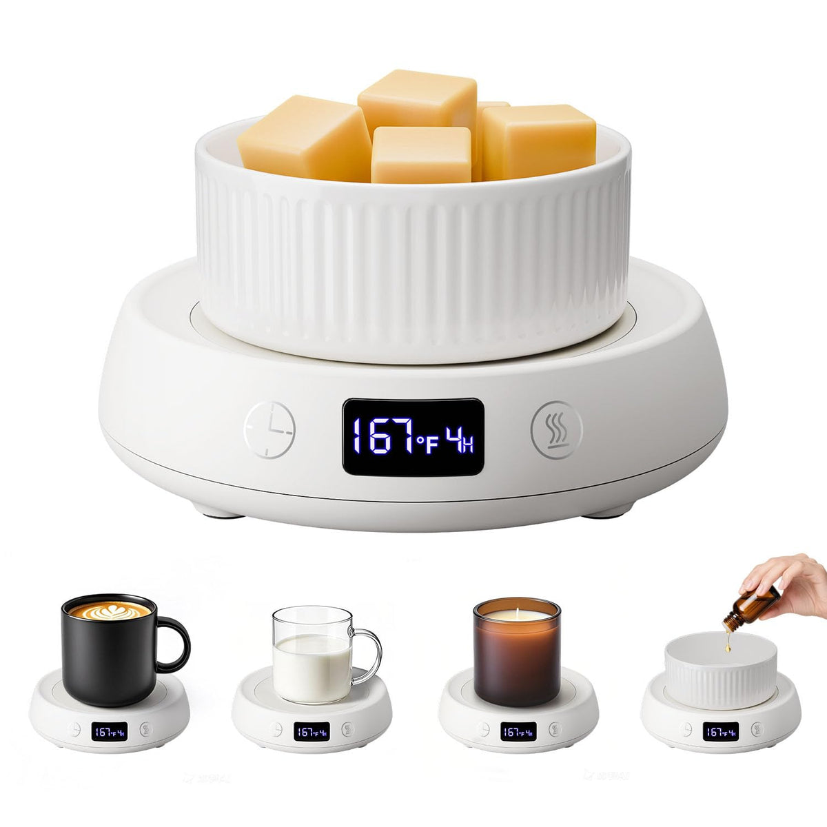 Bsigo calentador de taza para cafe en escritorio; mantiene la bebida a temperatura ideal.