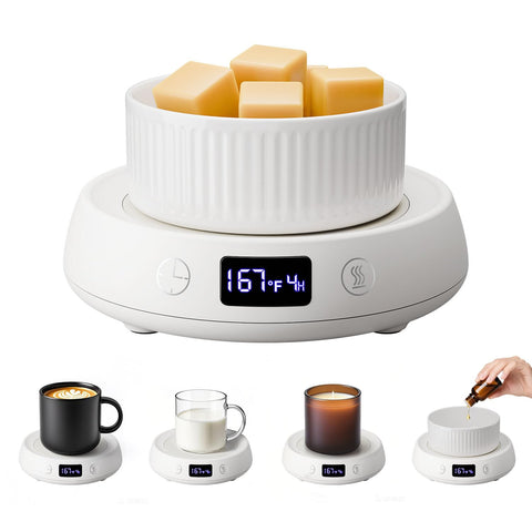 Bsigo calentador de taza para cafe en escritorio; mantiene la bebida a temperatura ideal.
