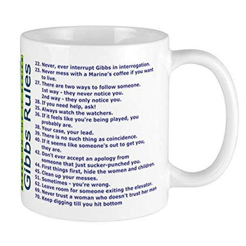 Taza BSM Reglas de Gibbs dorso color, regalo perfecto para fans de NCIS.