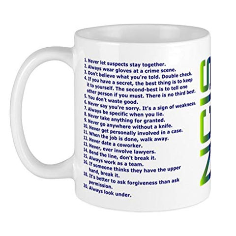 Taza BSM con Reglas de Gibbs, frente color, ideal para la oficina y el café diario.