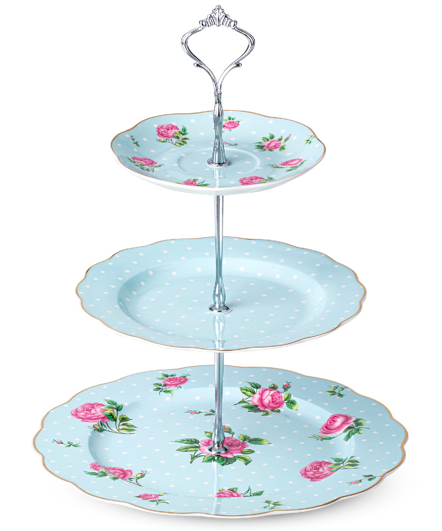 BTaT bandeja floral de 3 niveles en azul pastel con rosas para postres.