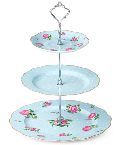 BTaT bandeja floral de 3 niveles en azul pastel con rosas para postres.
