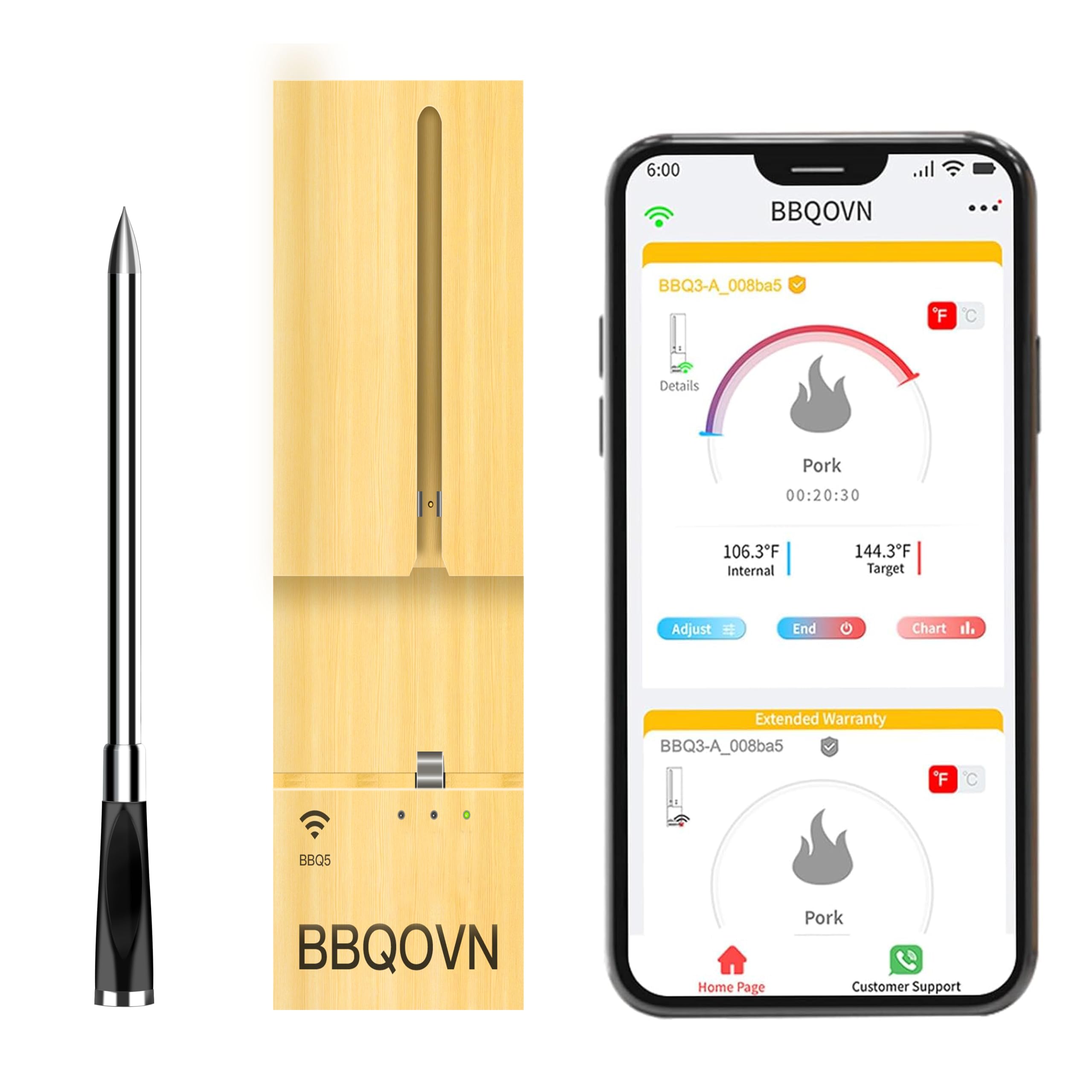 BtcLink termómetro carne en primer plano con conexión inalámbrica, ideal para asados precisos