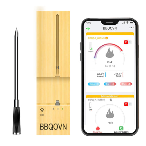 BtcLink termómetro carne en primer plano con conexión inalámbrica, ideal para asados precisos