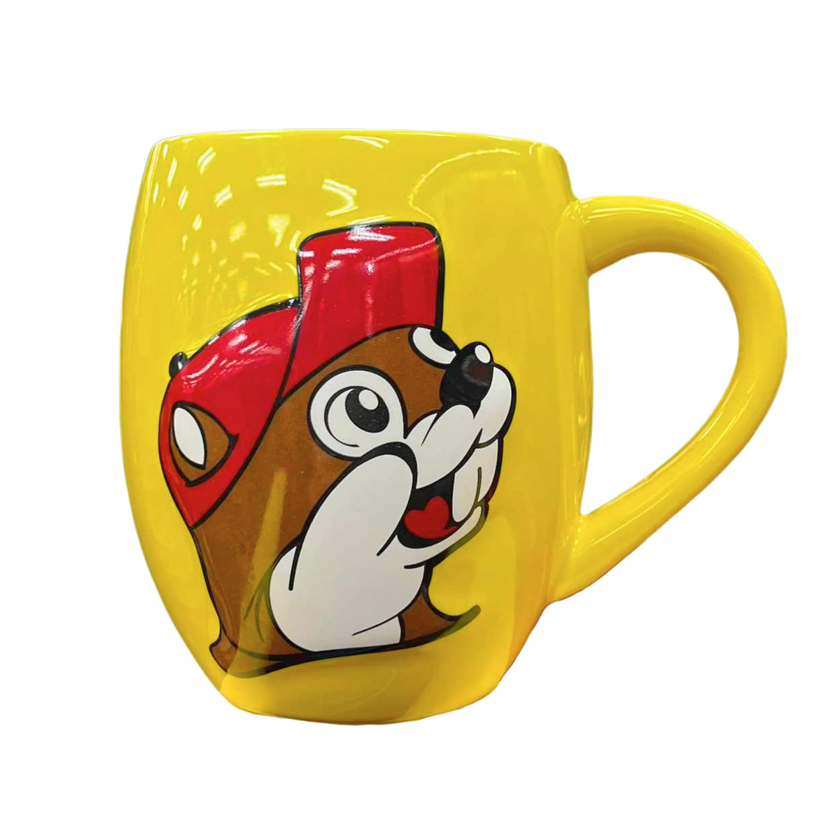 Taza Buc-ee's amarilla Beaver Believer para café matutino.