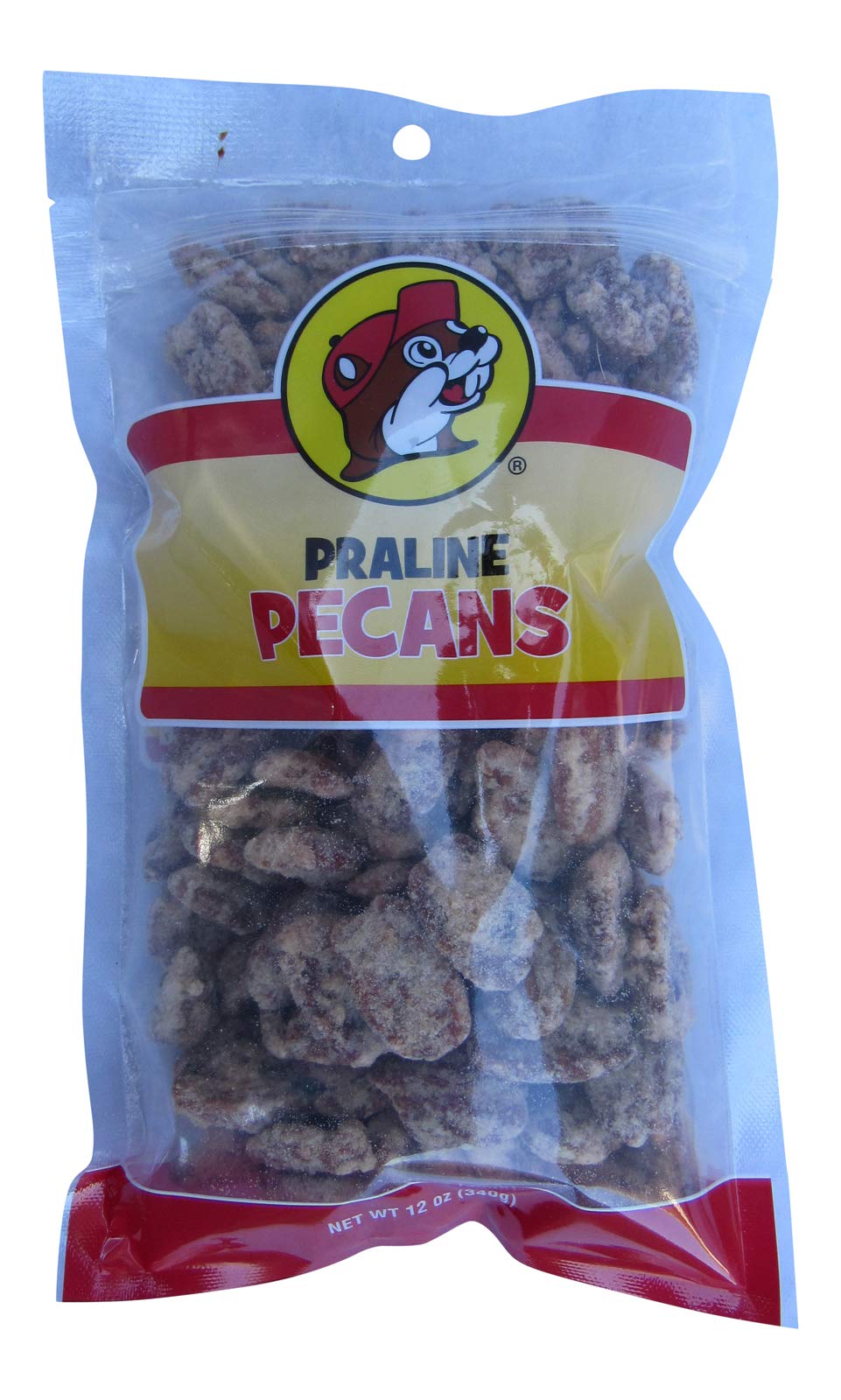 Buc-ee's bolsa frontal de pacanas glaseadas mostrando el empaque y frescura