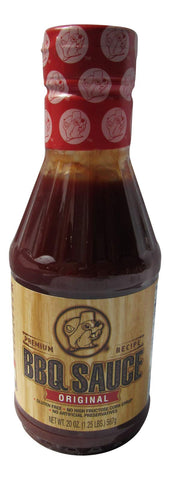 Buc-ee's frasco frontal 20 oz mostrando etiqueta y ventaja de sabor ahumado