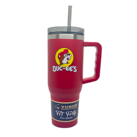 Vaso térmico Buc-ee's con sticker USA, enfoque frontal