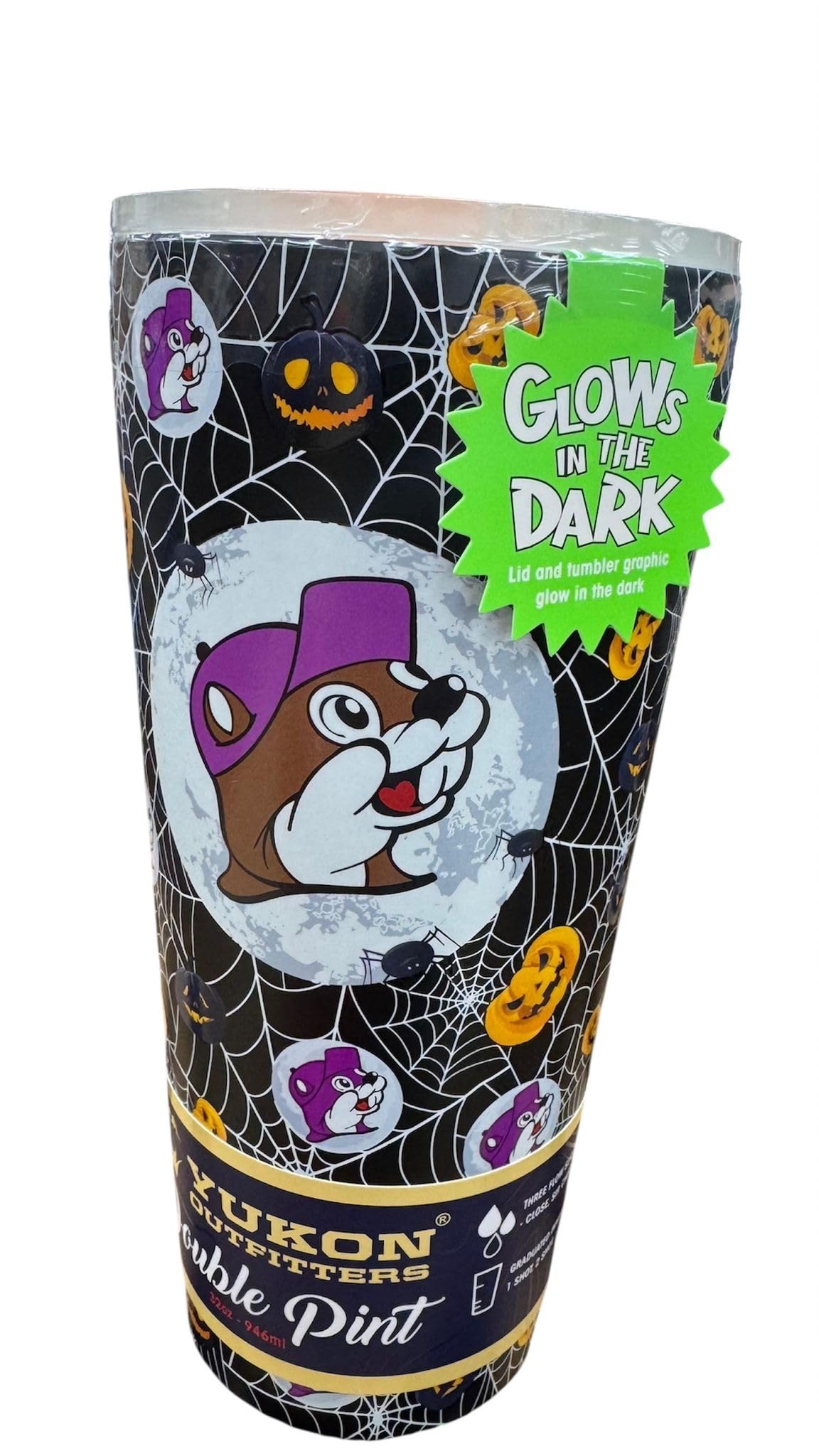 Vaso Buc-ee's Halloween con telarañas, diseño temático para eventos.