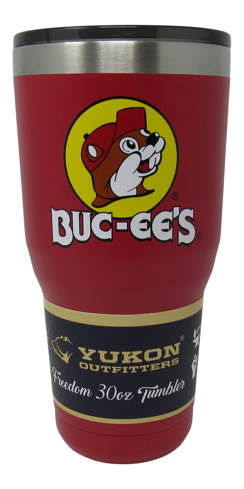 Vaso térmico Buc-ee's rojo con Bucky el Castor para bebidas frías o calientes.