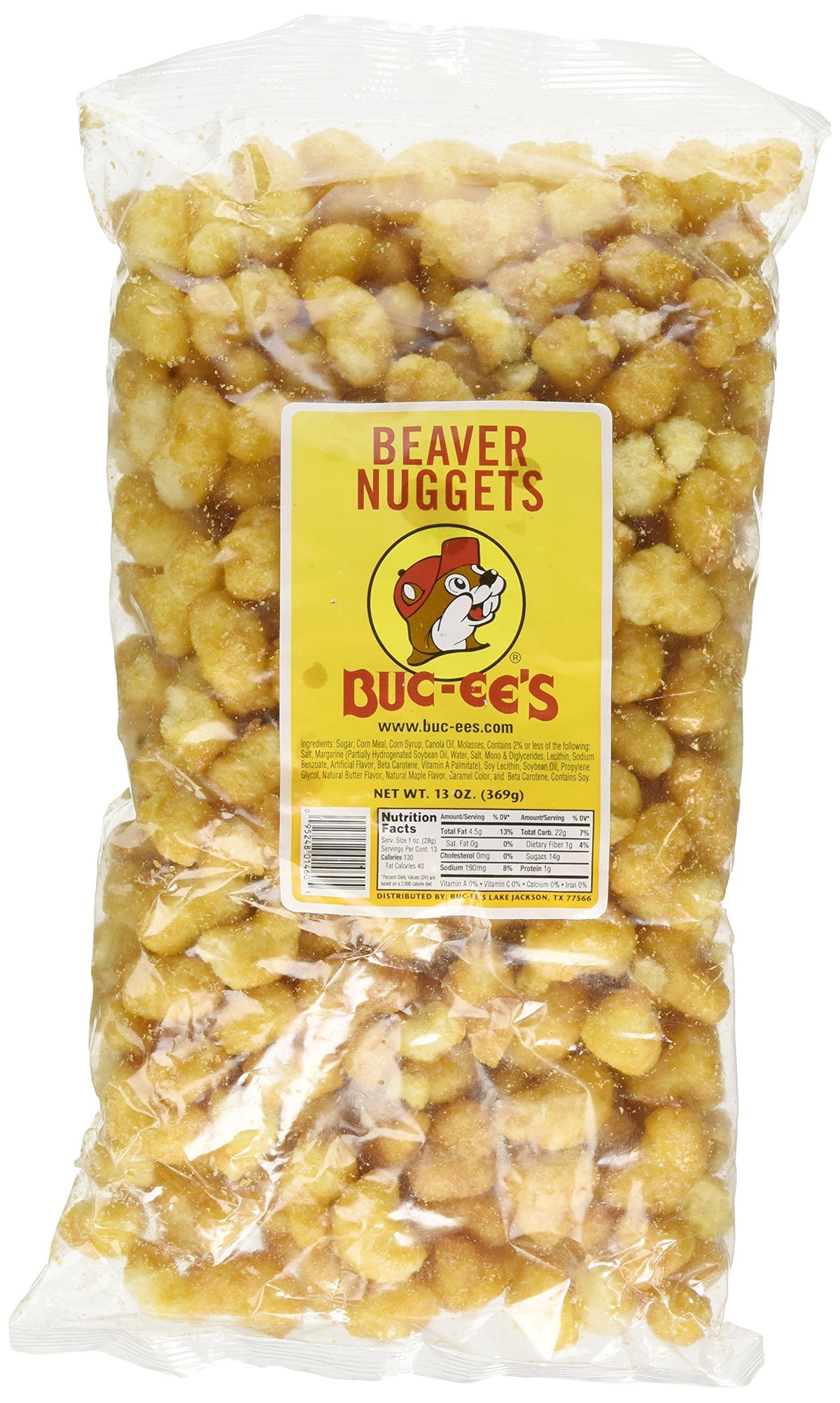 Buc-ee's bolsa frontal mostrando la marca y el contenido dulce