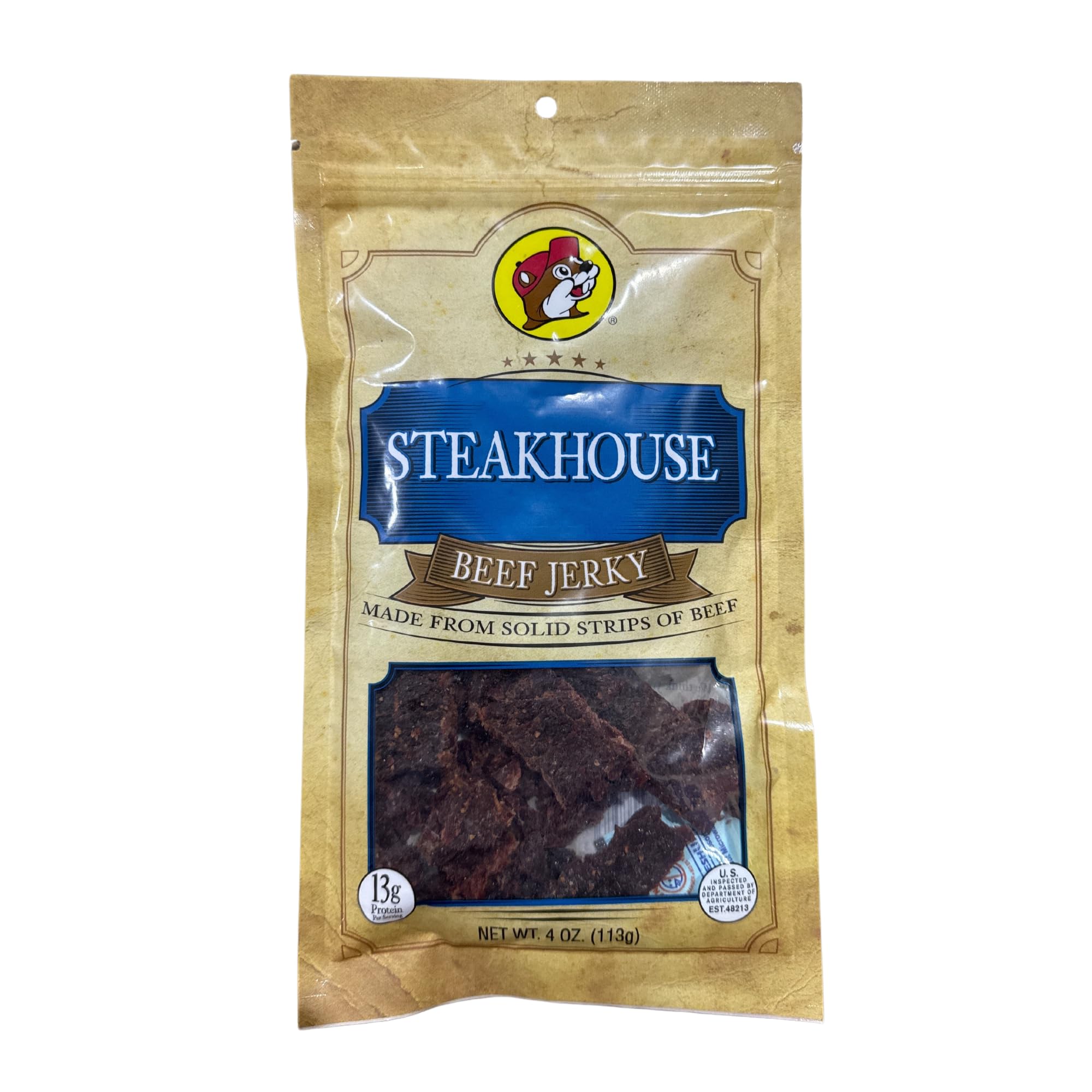 Buc-ee's bolsa frontal Steakhouse mostrando marca y fácil apertura