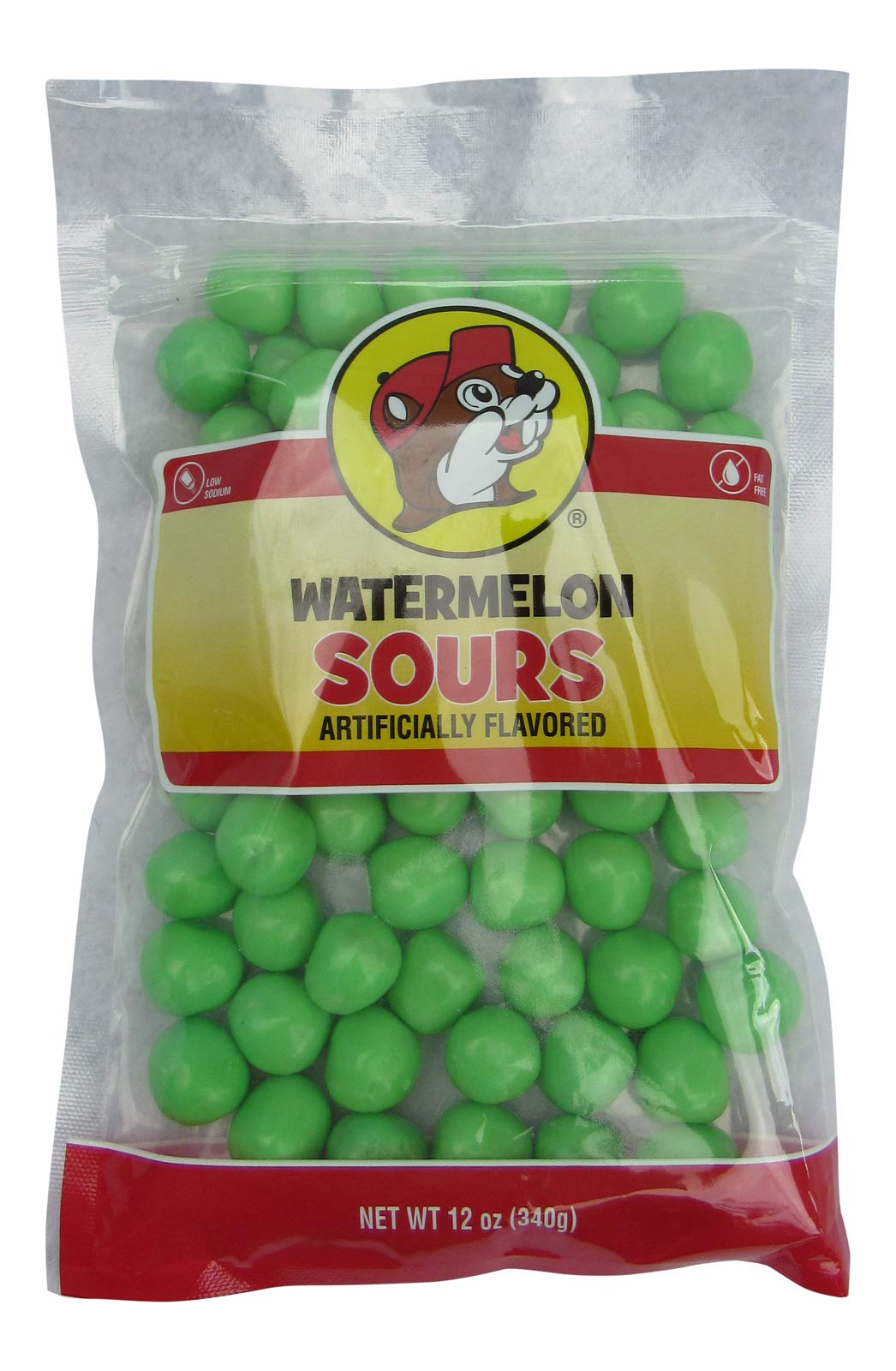 Buc-ee's bolsa frontal de Watermelon Sours mostrando color y conveniencia resellable