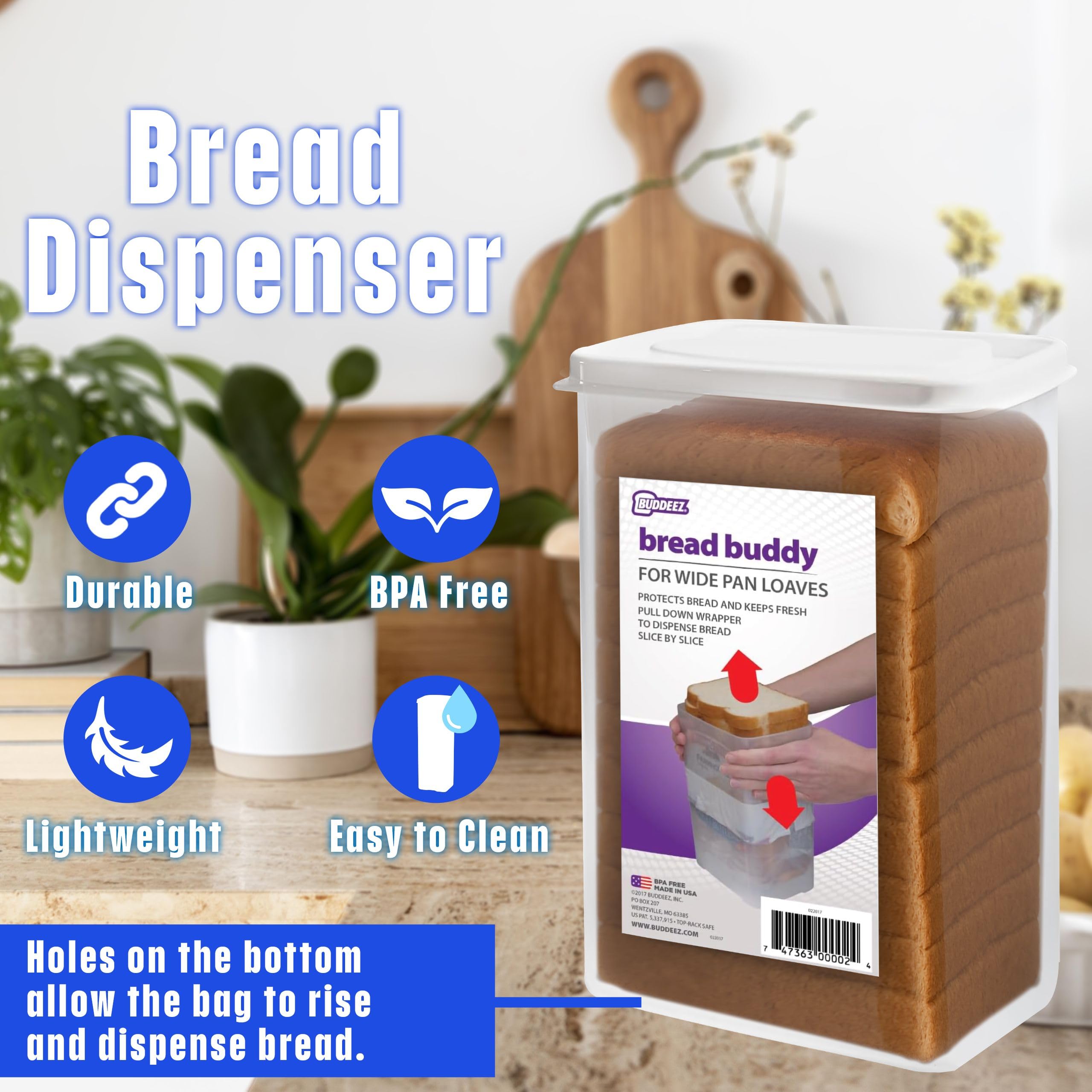 Buddeez Bread Buddy apertura con tapa hermética protege la miga y la frescura.