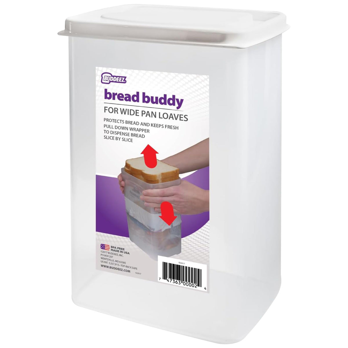 Buddeez Bread Buddy frente con tapa blanca, mantiene el pan fresco por más tiempo.