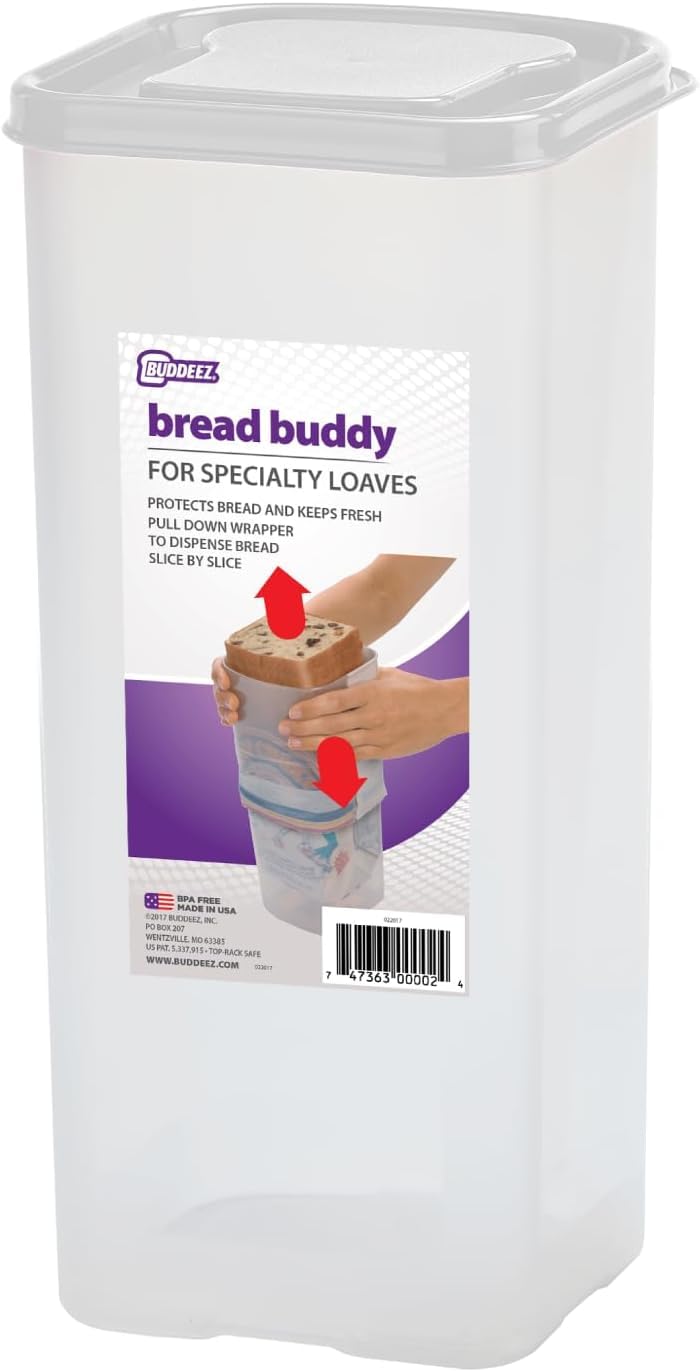 Buddeez Bread Buddy con tapa hermética protege el pan fresco y mantiene la humedad fuera.