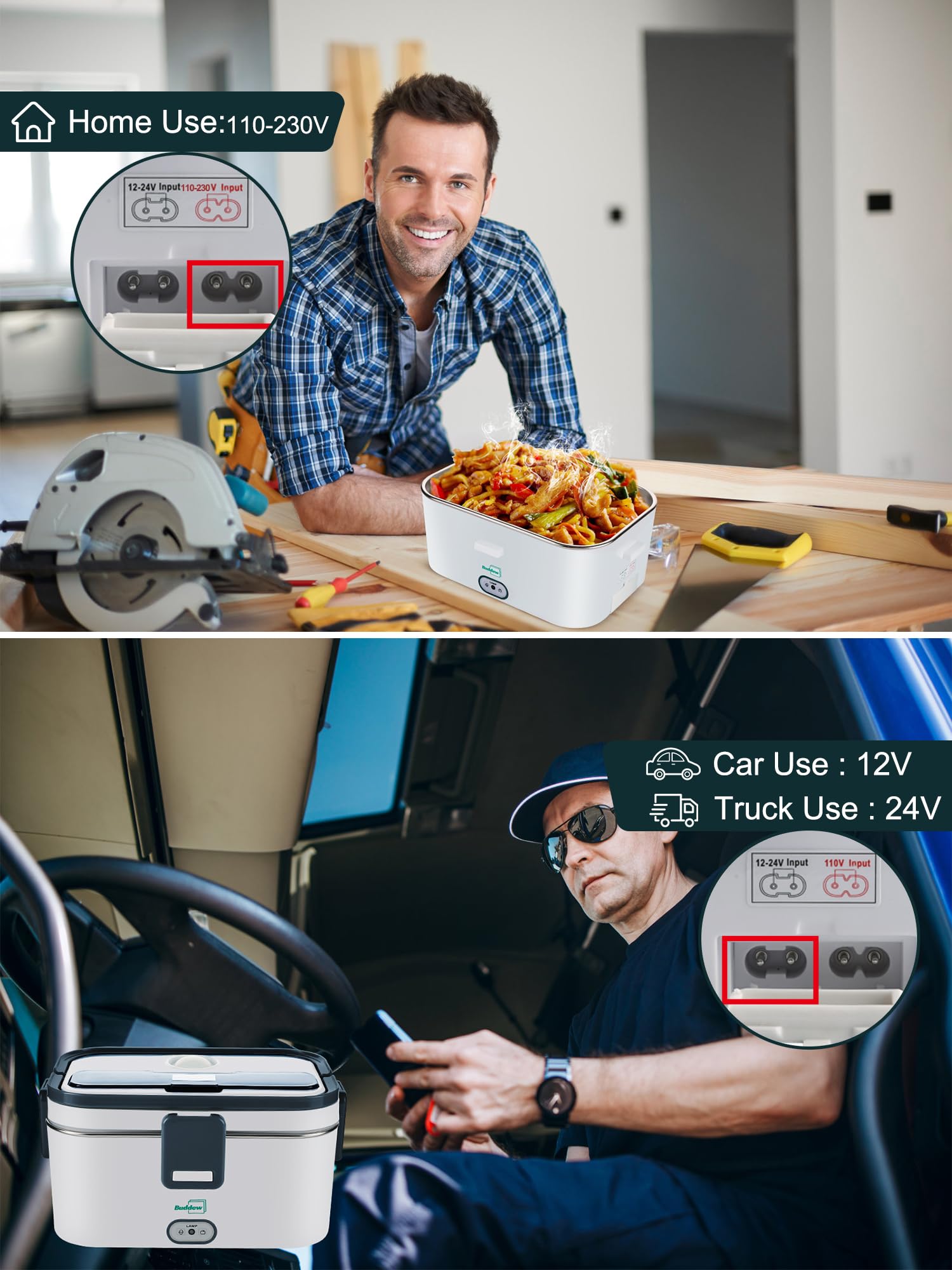 Uso 3 en 1: 110V, 12V y 24V para comer caliente en casa, coche o ruta