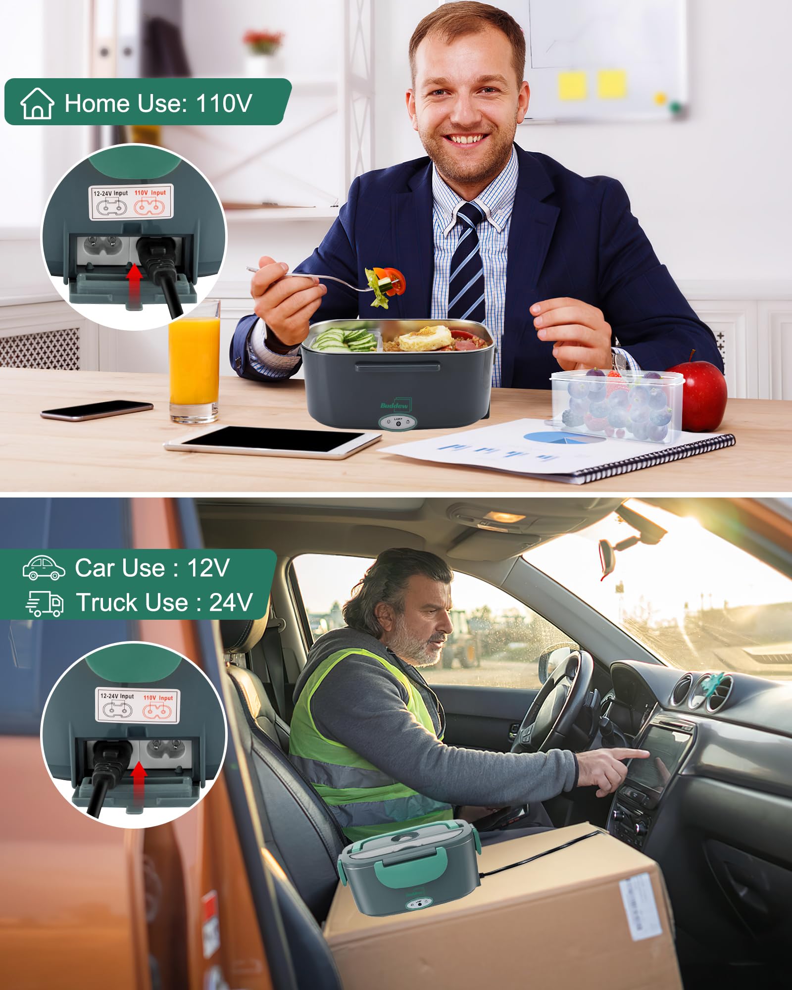 Buddew Lunch Box para coche, calentamiento en movimiento con diseño 3-en-1