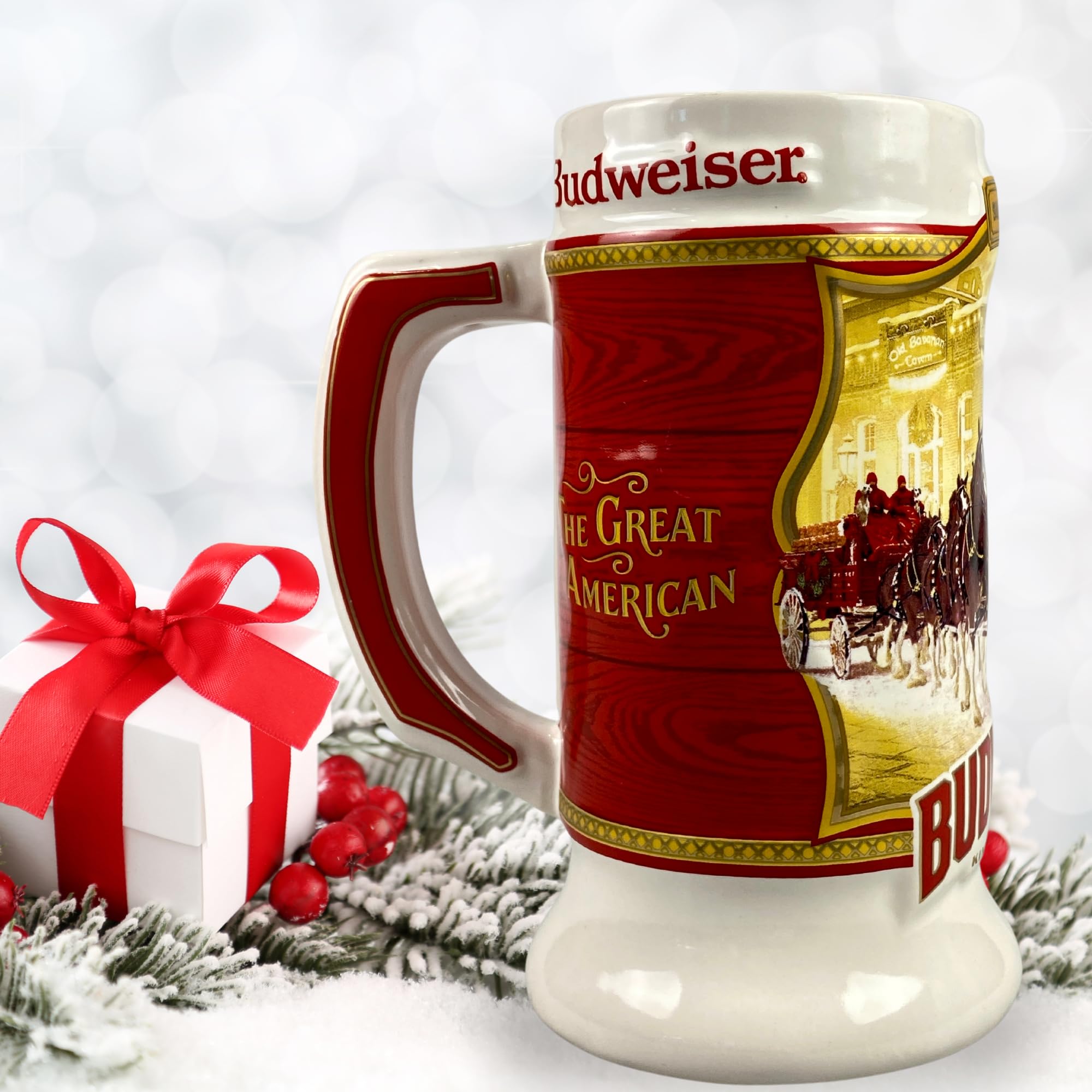 Budweiser Stein: diseño navideno, estilo festivo para la estantería.