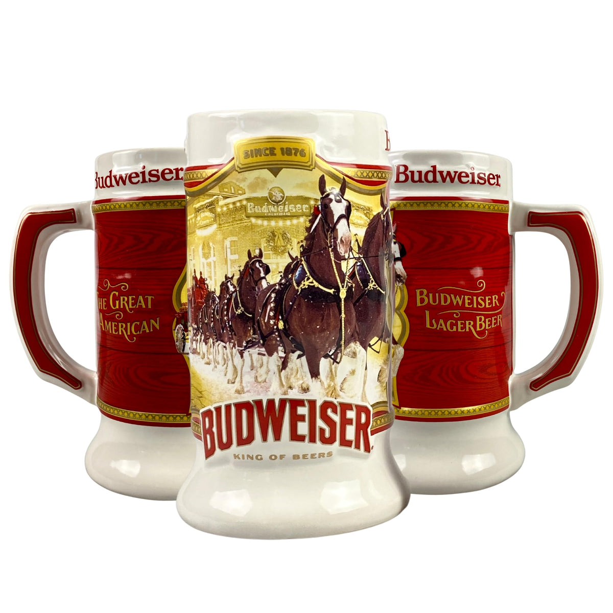 Budweiser Stein: vista frontal navideña en cerámica, elegante y coleccionable.