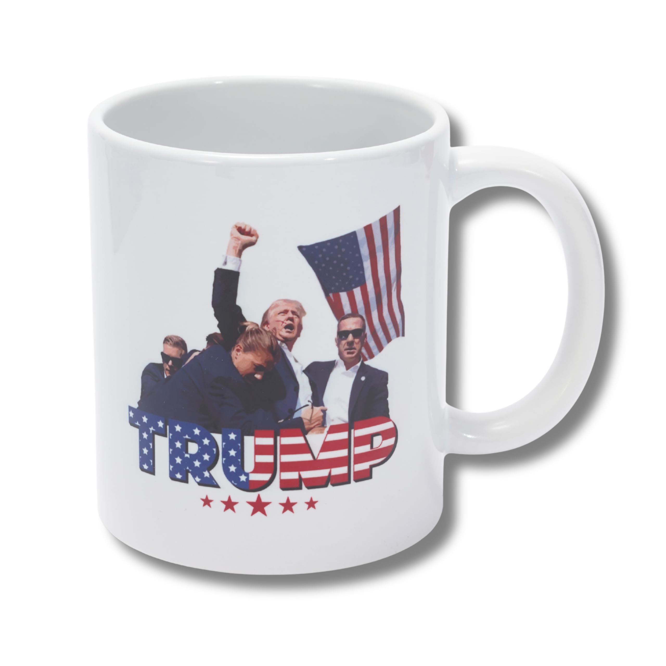 Taza BundlBees Trump, puno-levantado-diseno, ideal para empezar el día con energía.