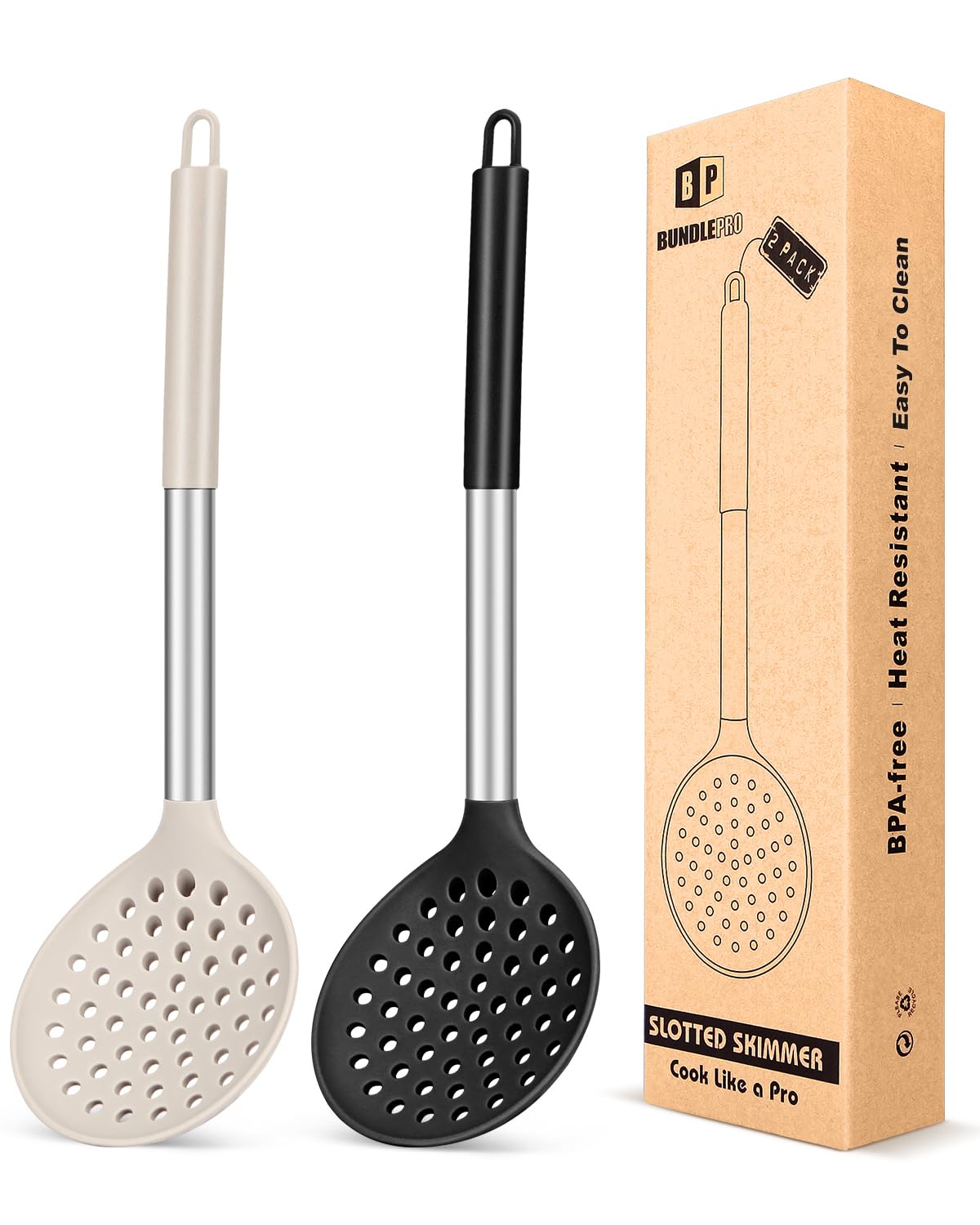 Cucharón-colador grande de BundlePro en negro kaki, ideal para drenar caldo caliente