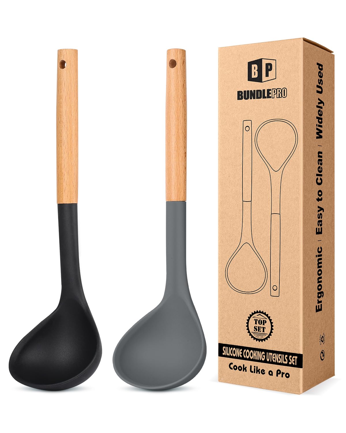 BundlePro cucharón-sopa silicona con mango-madera para cocinar y servir.