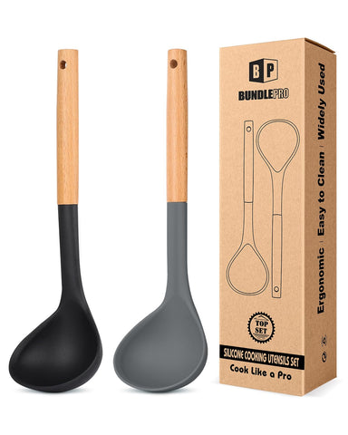 BundlePro cucharón-sopa silicona con mango-madera para cocinar y servir.