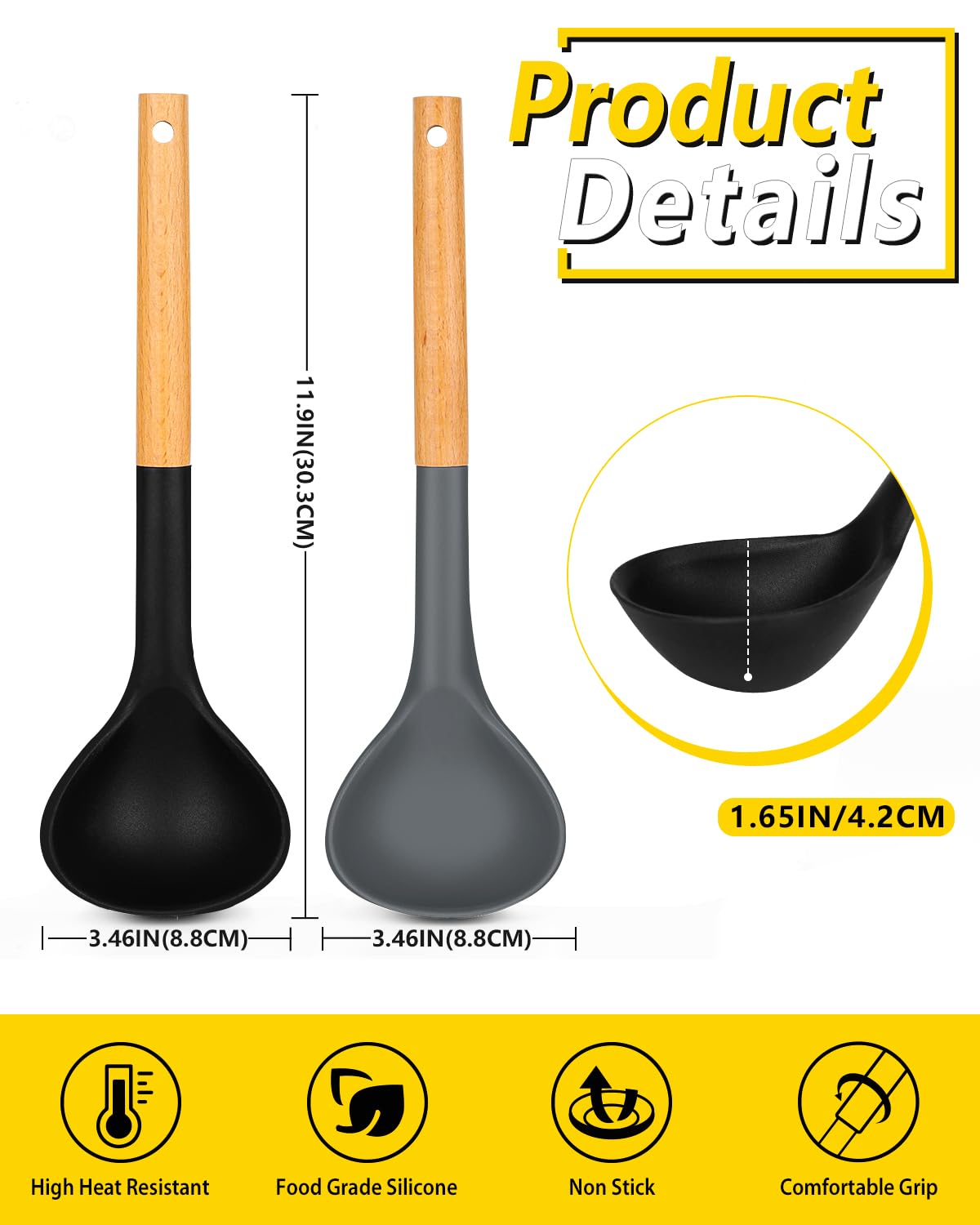 BundlePro cucharón-silicona sin rayar, mango-madera cómodo.