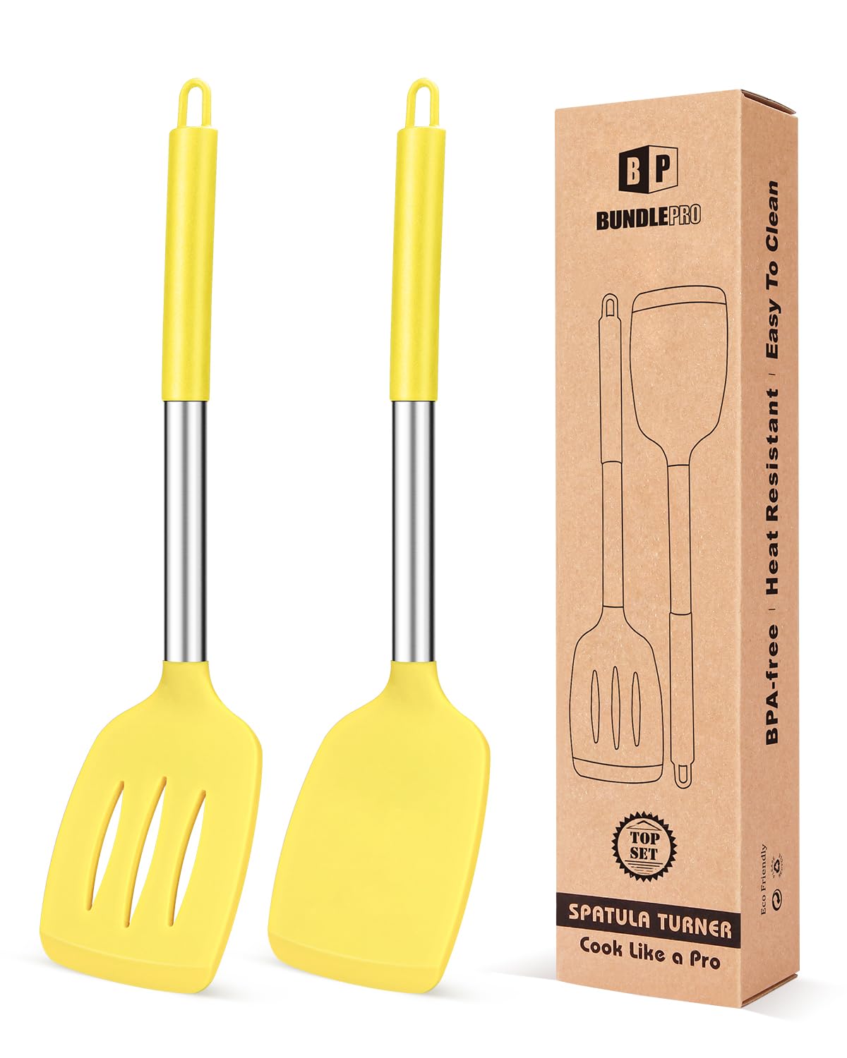 Espátulas de silicona BUNDLEPRO en amarillo, conjunto práctico para cocinar sin rayar sartenes antiadherentes.