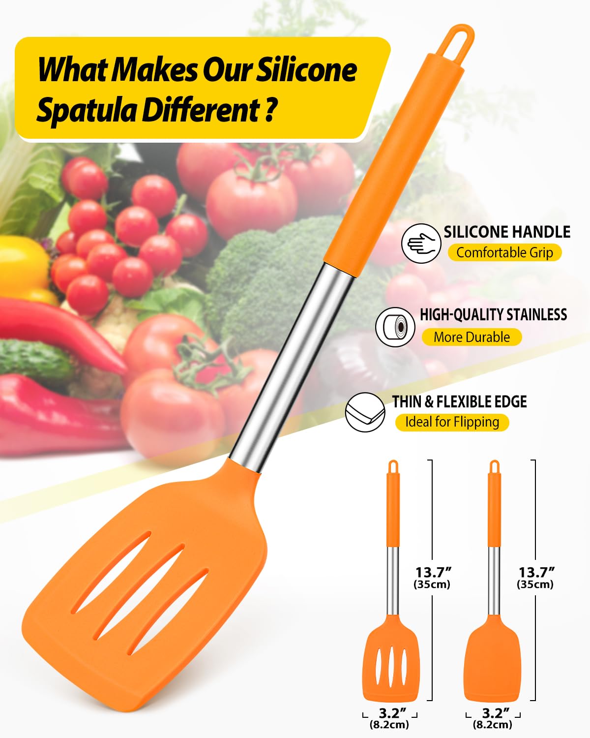 Espátula silicona naranja ranurada Bundlepro para voltear con precisión